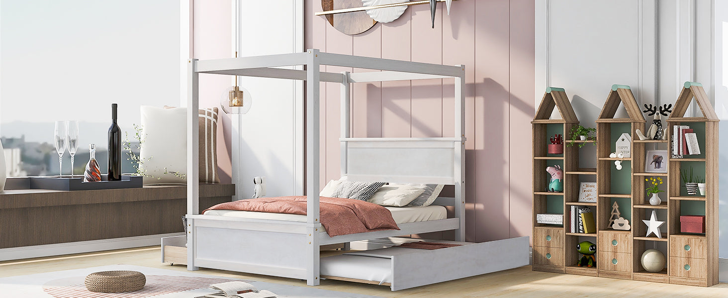 Branden Full Size Wooden Canopy Bed with Trundle, White