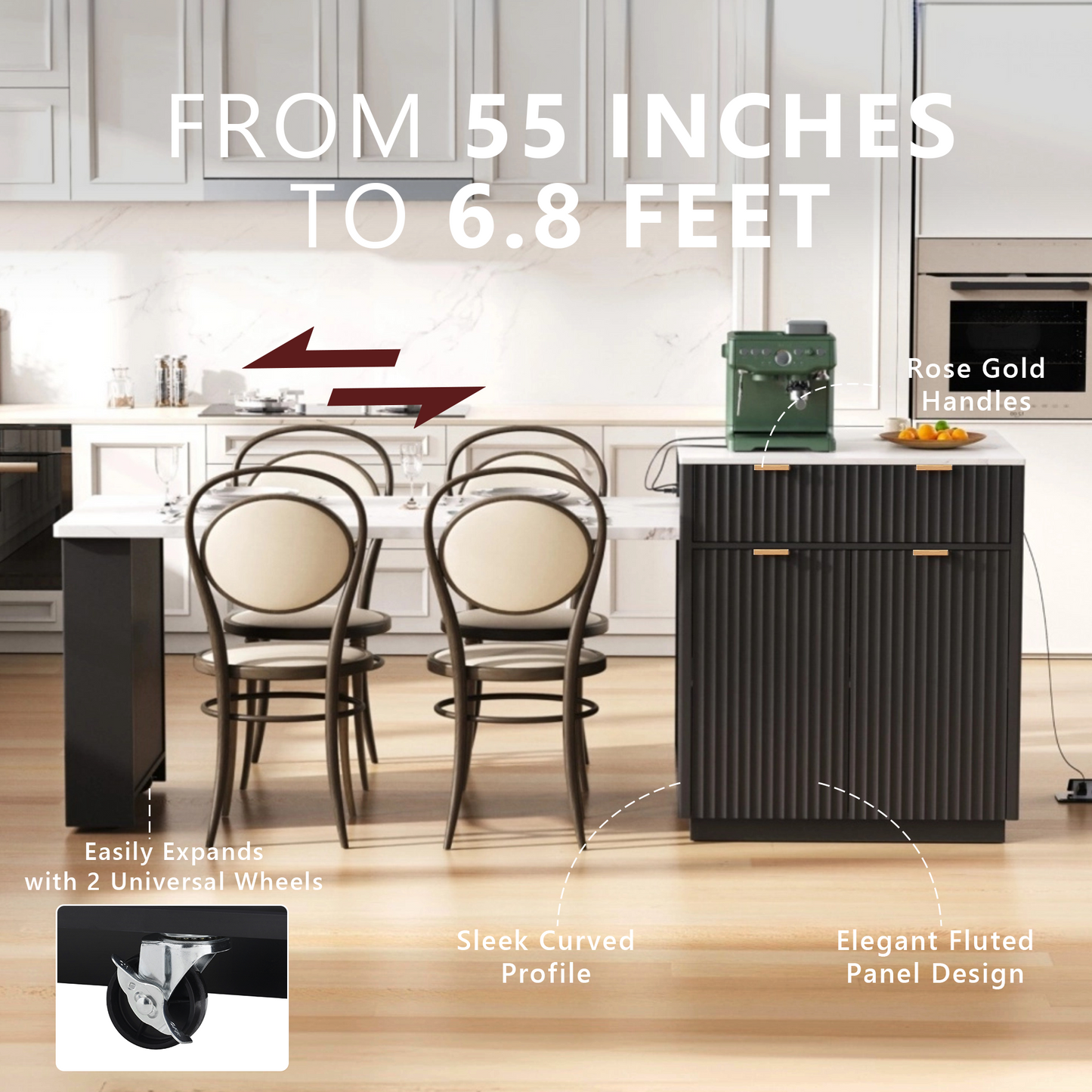 K&k 82.6' Fluted Kitchen Island with Extendable Dining Table for 4-6 - Black - detail view 5