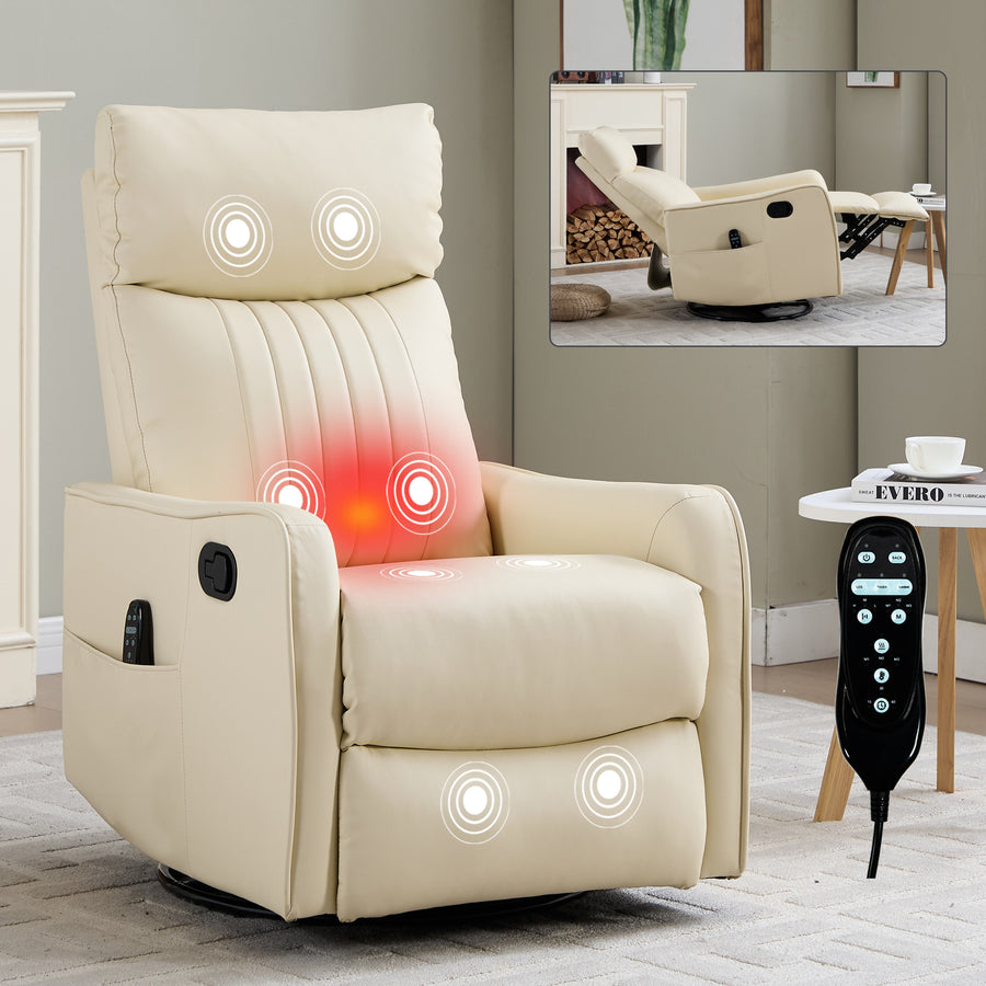 Beige Heat Massage Manual Recliner Chair with Rocker and Swivel in Faux Leather - primary color shot