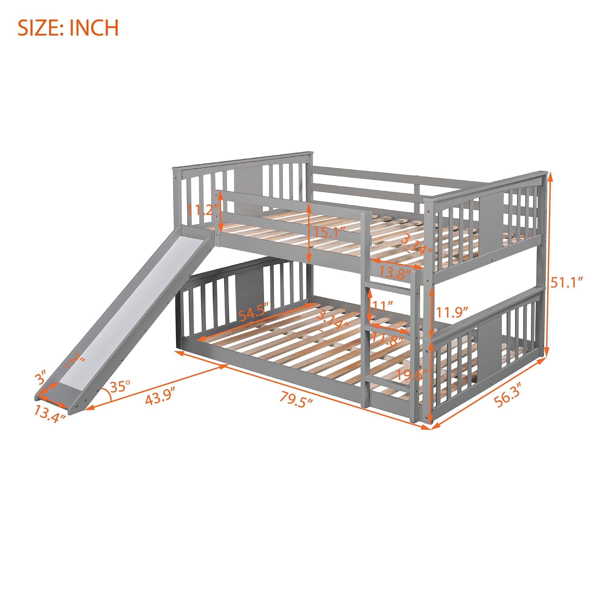 Full Over Full Bunk Bed with Ladder with Slide, Gray