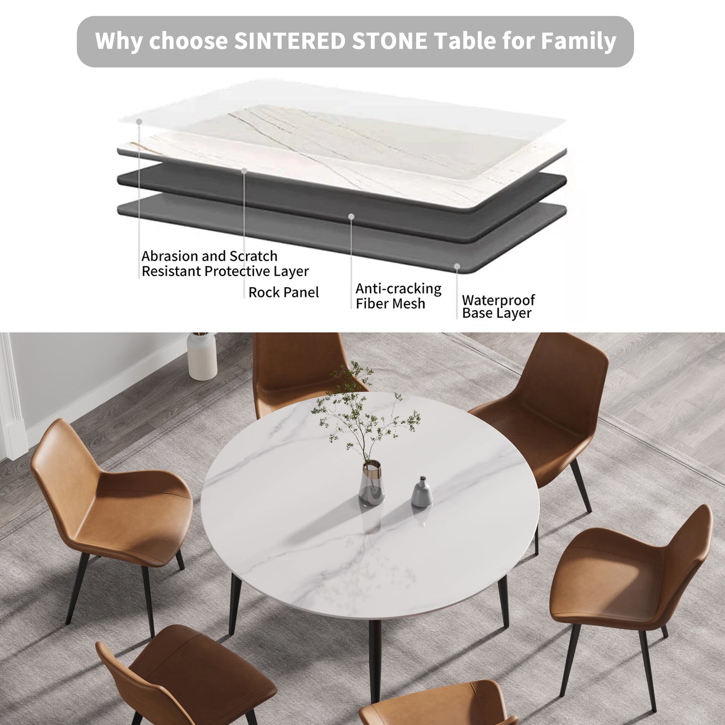Saffron 53" Modern Artificial Stone Dining Table with Black Legs