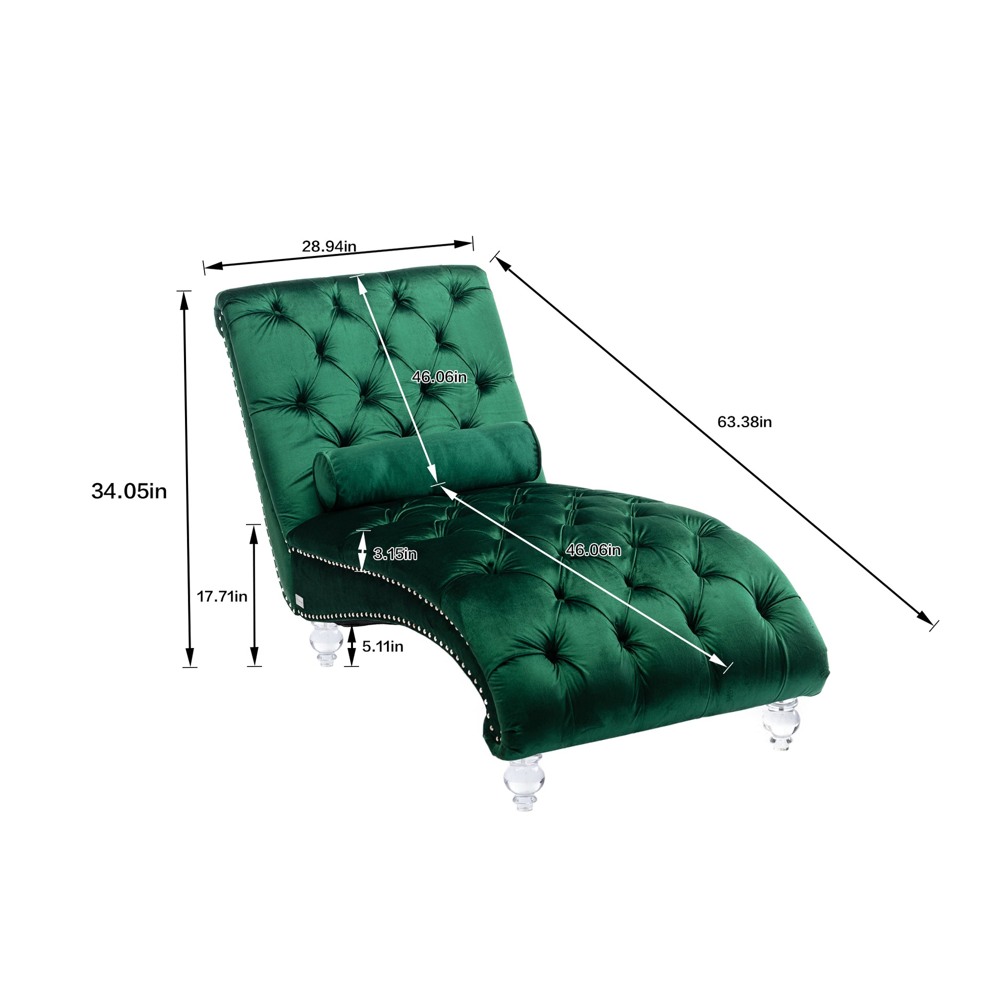 Emerald Velvet Tufted Chaise Lounge with Wood Legs - detail view 3