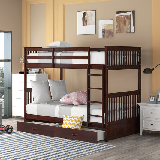 Larkspur Twin-Over-Twin Bunk Bed with Ladders and Two Storage Drawers Espresso