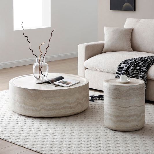 Set of 2 Faux MARS Pattern Coffee Tables Side Table Round Tea Faux Travertine Textured Table - detail view 2