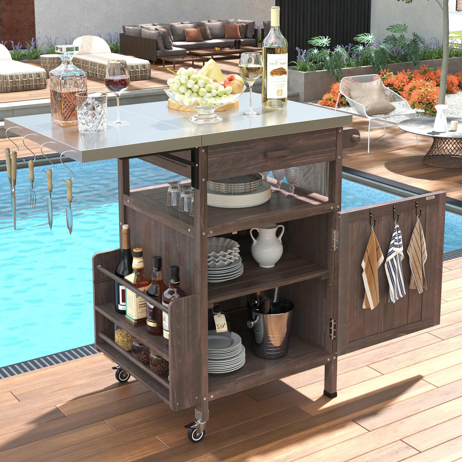 K&k 40.5' Outdoor Grill Cart with Stainless Steel Top - Brown - primary color shot