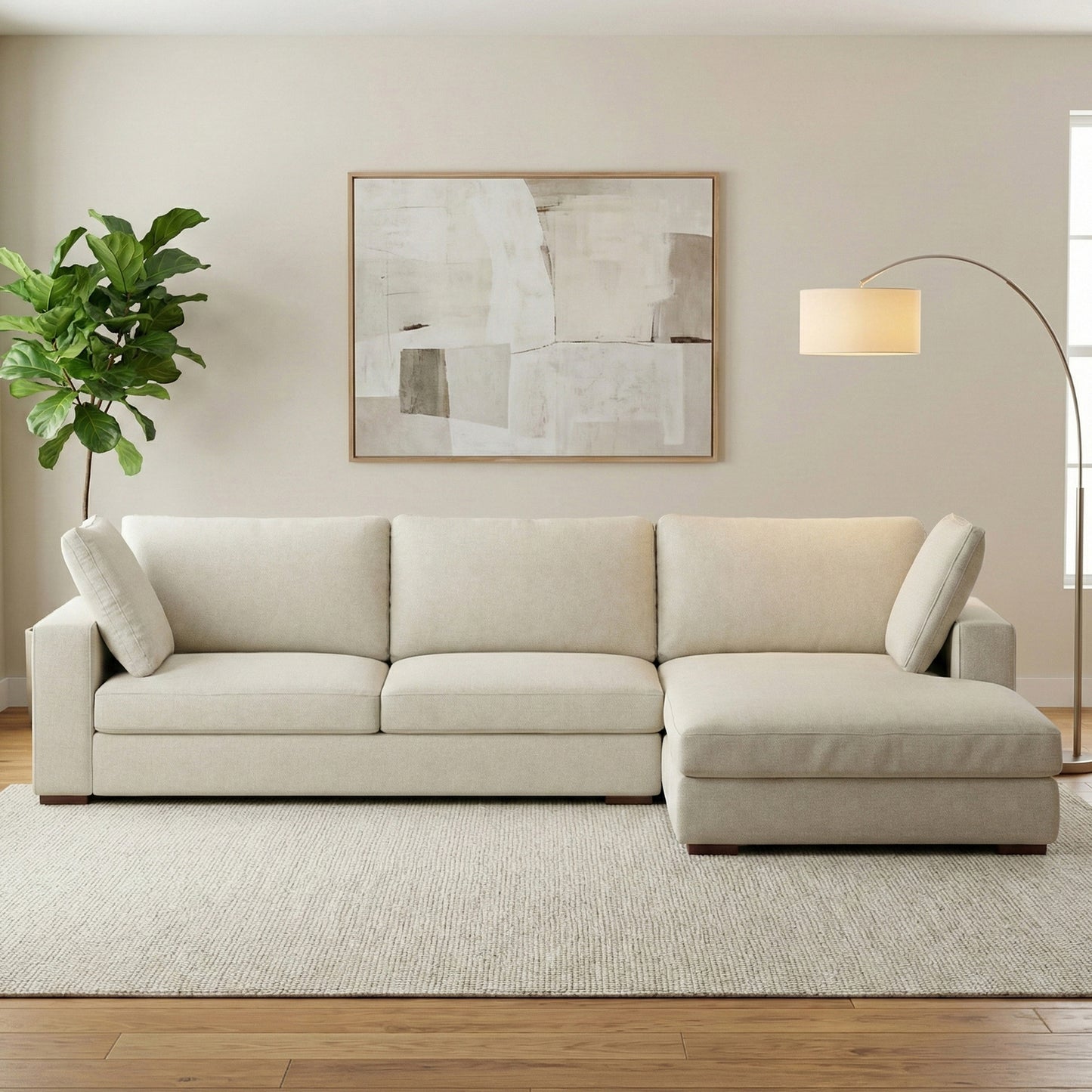 Charlie Deep Seater Right Sectional Sofa in Cream Performance Fabric with High-Density Foam Cushions and Solid Wood Frame - detail view 7