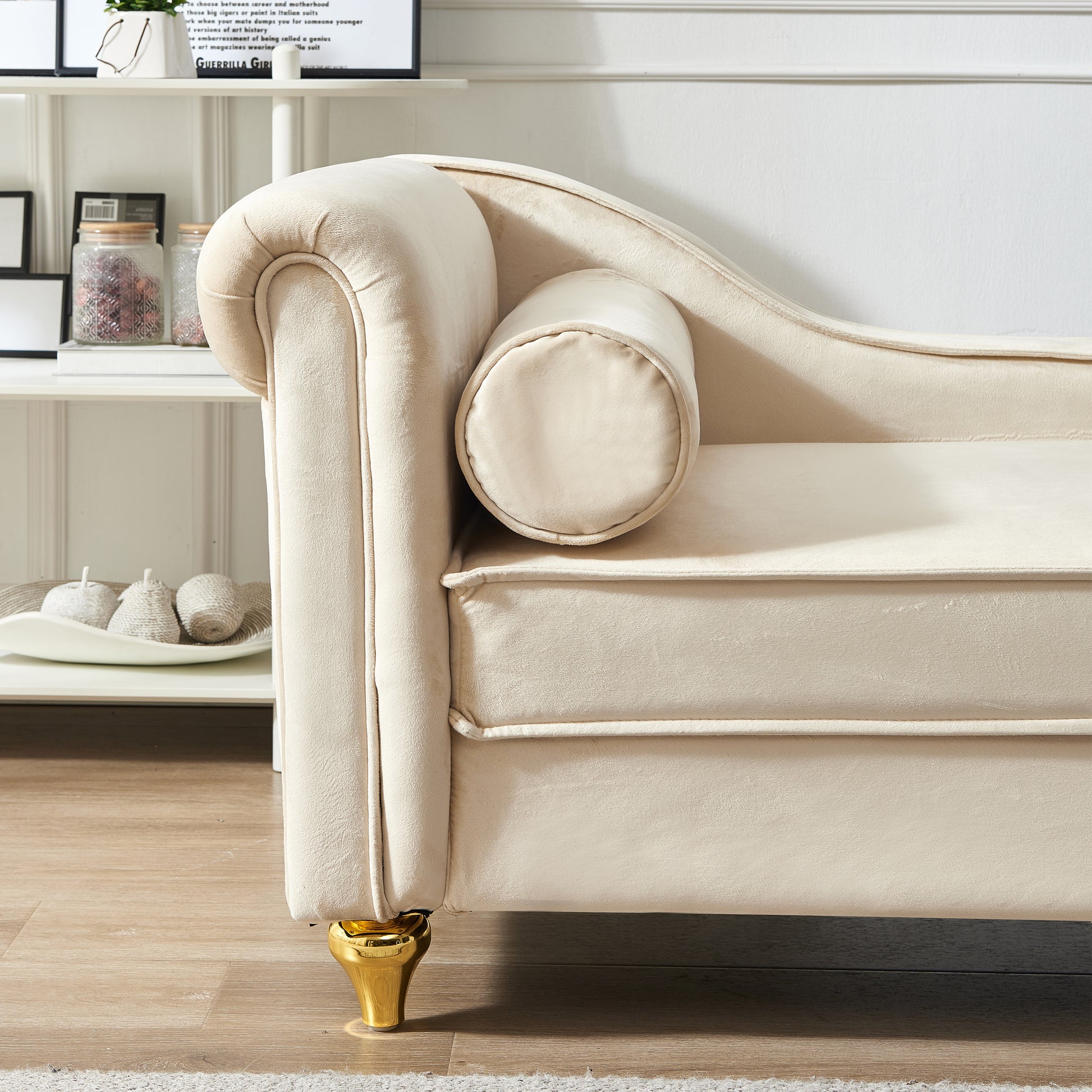 Modern Upholstery Chaise Lounge Chair with Storage Velvet (beige) - detail view 6