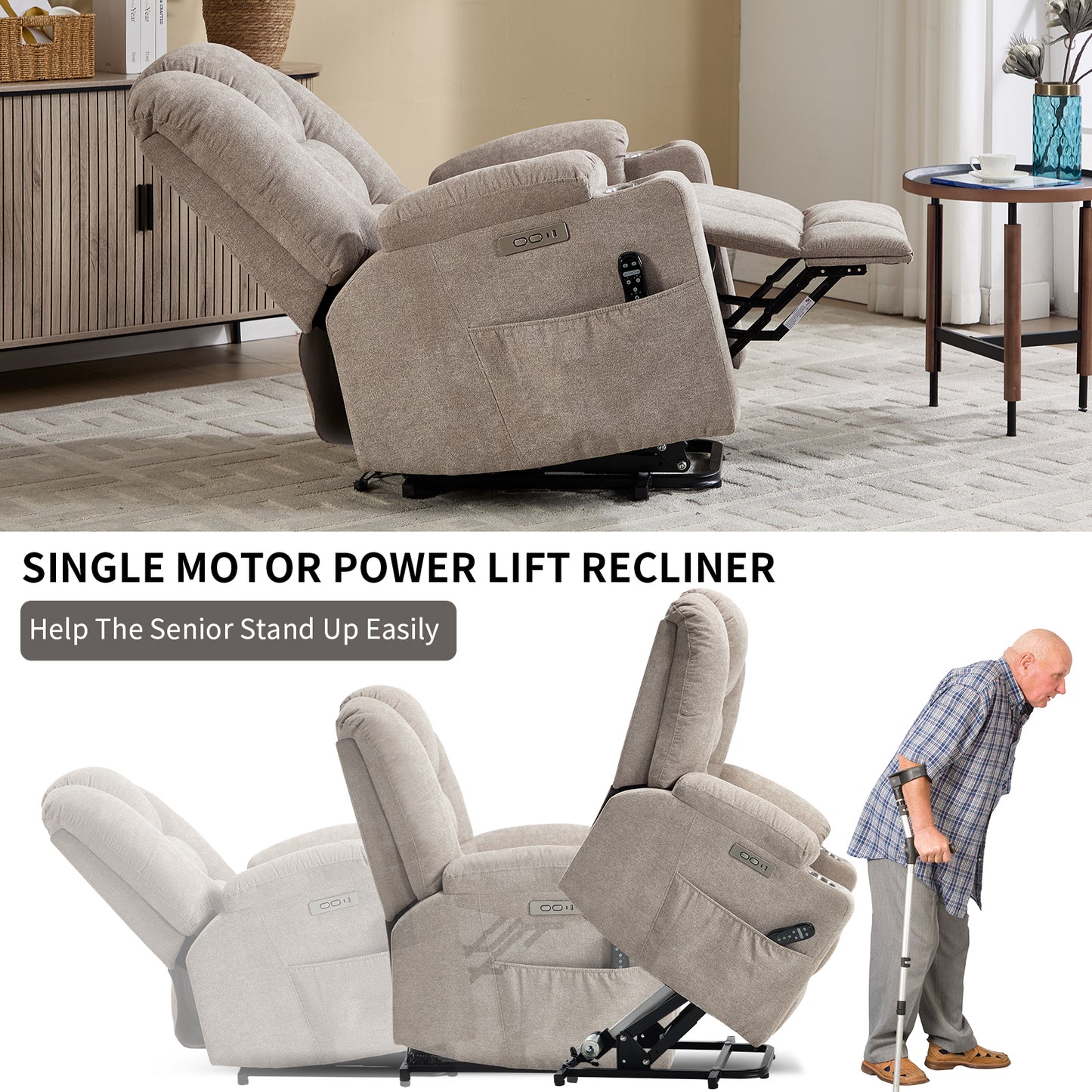 Power Lift Recliner Chair with Massage and Heat for Elderly - Khaki - detail view 8