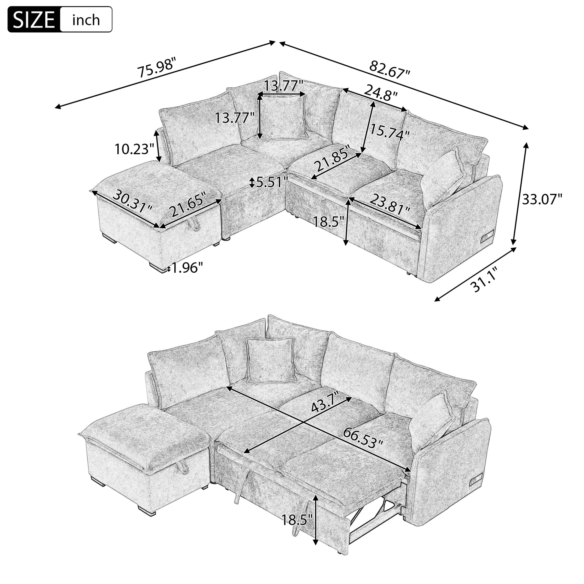 Convertible L-shaped Sofa Bed with Storage Ottoman, Power Sockets & USB Ports, Orange Chenille, 82.67' - detail view 3