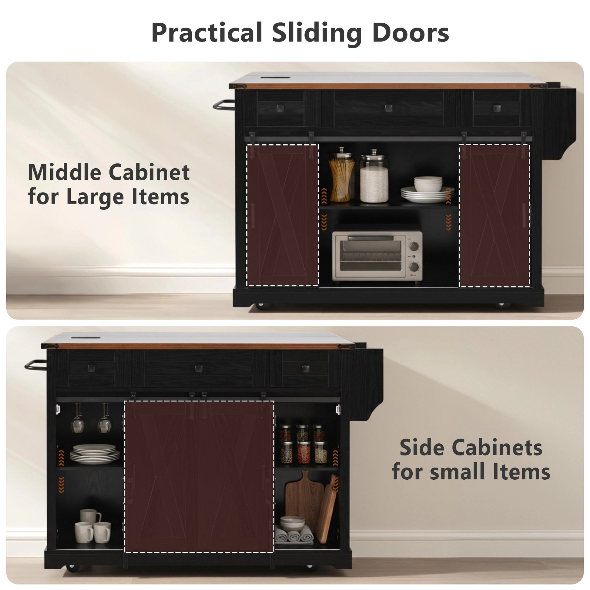 K&k 58' Farmhouse Kitchen Island with Storage - Black - detail view 5