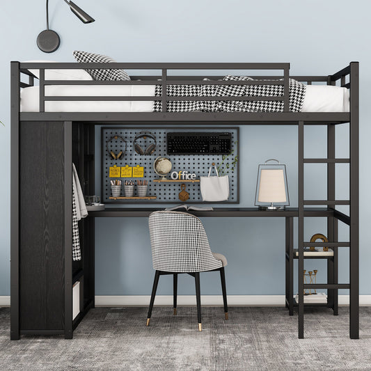 Twin XL Size Loft Bed Frame with Built-in Wardrobe - Black - detail view 2