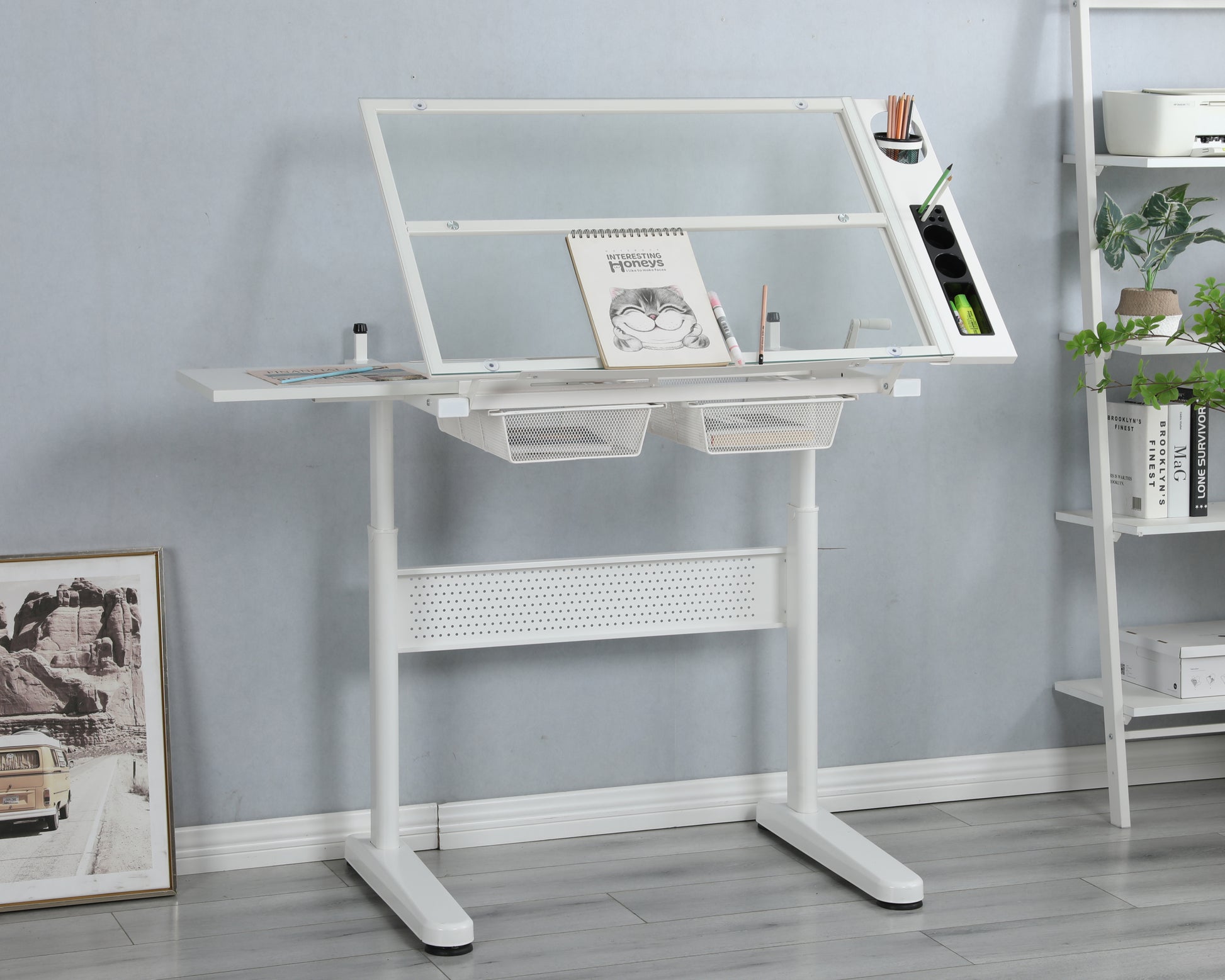 Malachai Hand Crank Adjustable Drafting Desk with Stool, White