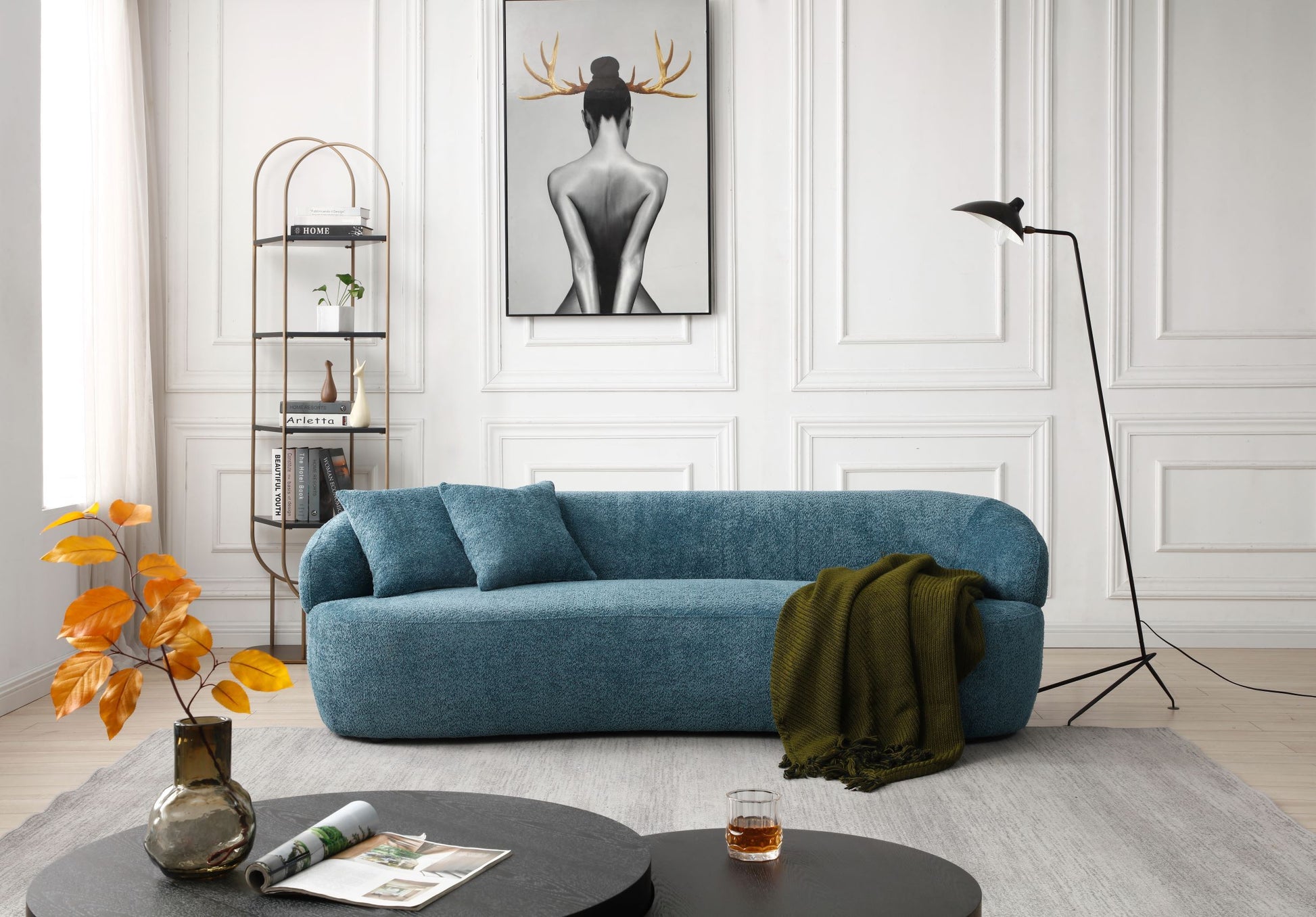 Blue Mid Century Modern Curved Sofa - detail view 7