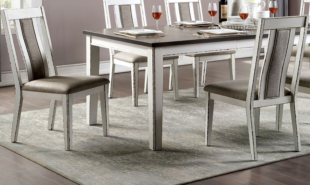 Margot Farmhouse Dining Side Chairs in Weathered White with Gray Upholstered Seat Set of 2