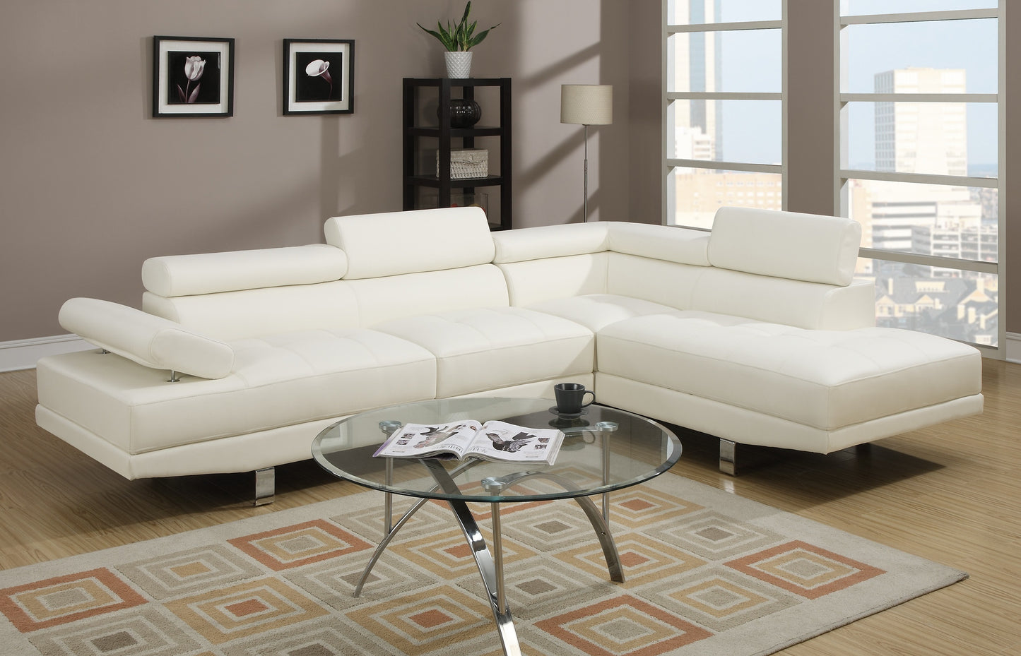 White Color Sectional Living Room Furniture Faux Leather Adjustable Headrest Right Facing Chaise & Left Facing Sofa - primary color shot