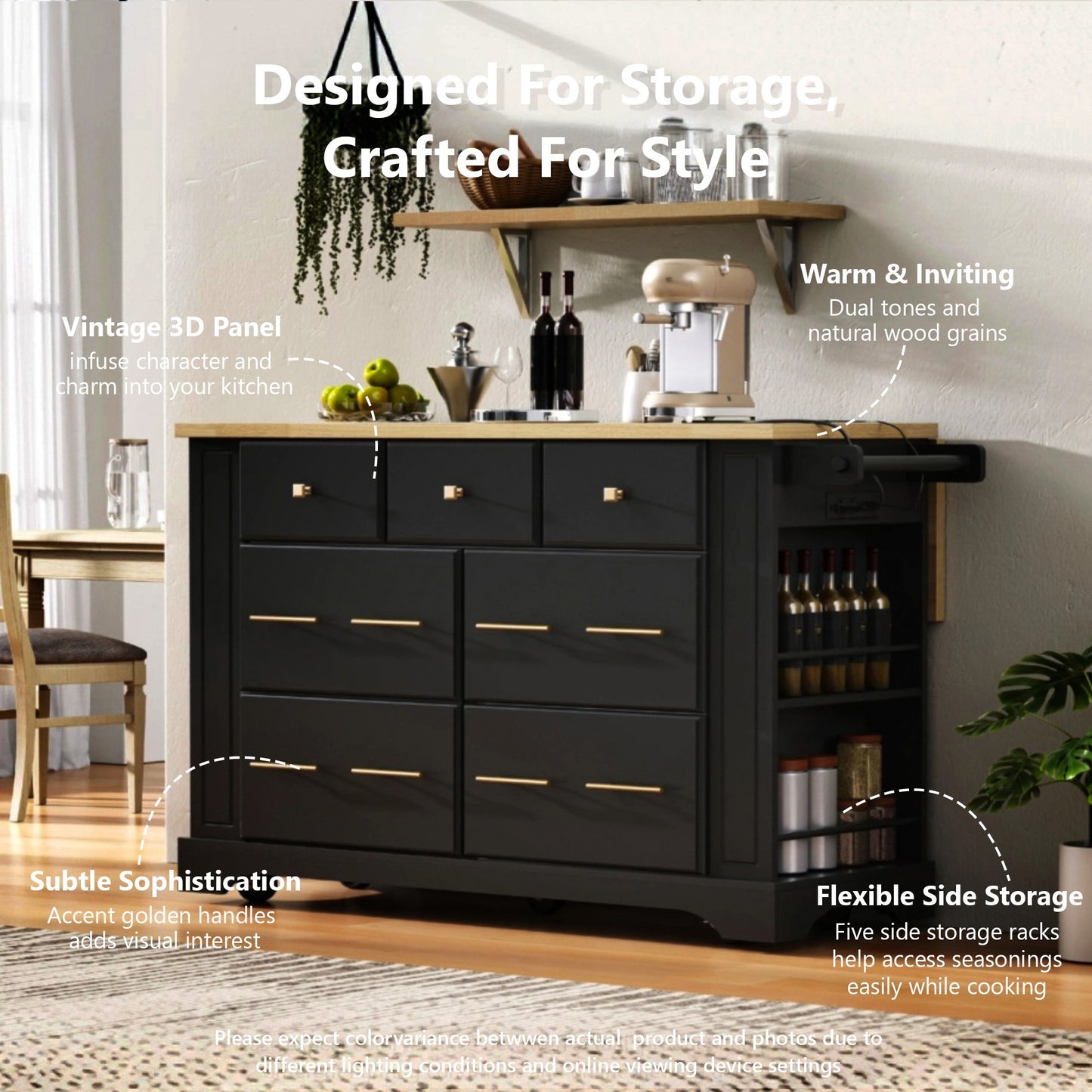 K&k Kitchen Island with 6 Drawers - Black - detail view 4