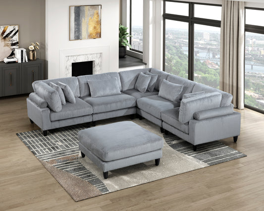 6pc Modular Sectional Set Gray Corduroy Upholstery 2x Armless Chairs 3x Corner Seats 1x Ottoman Pillows Living Room Furniture - primary image