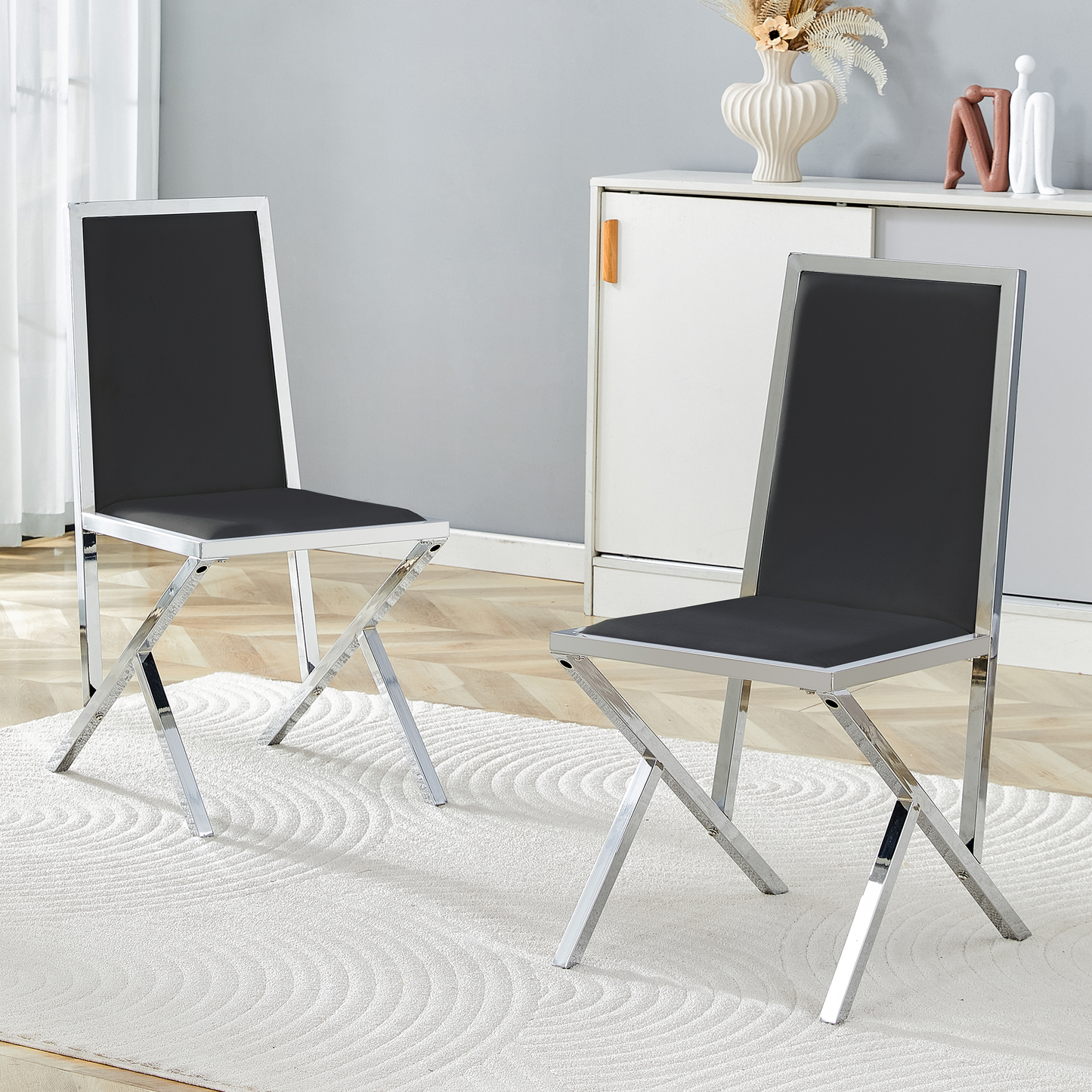 Black Upholstered Fabric Steel Frame Dining Chairs with Silver Legs (set of 2) - primary color shot