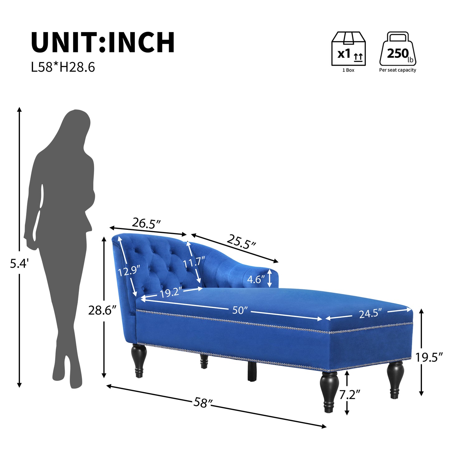 58" Velvet Chaise Lounge - Blue - detail view 2