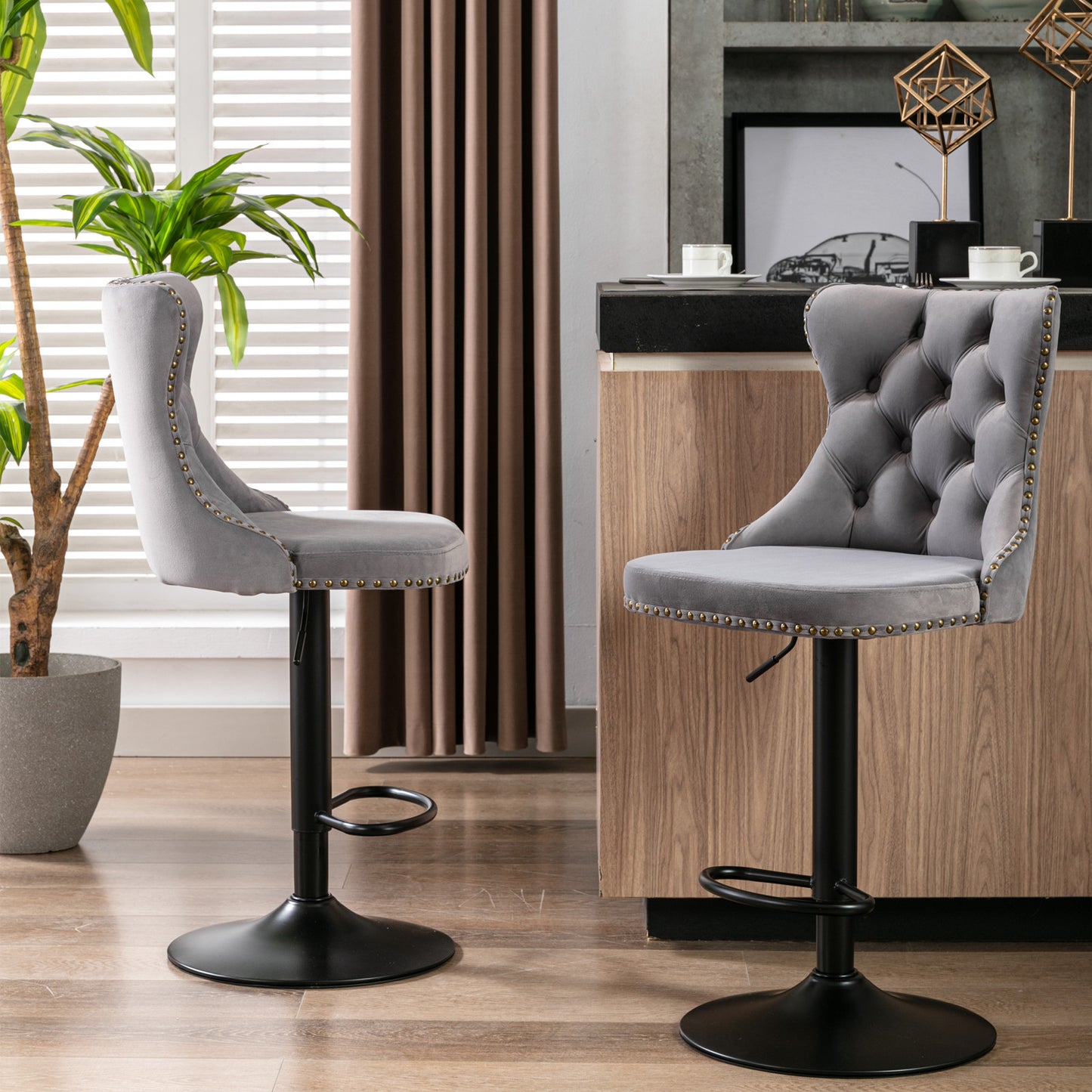 Gray Velvet Tufted Bar Stool (Set of 2)