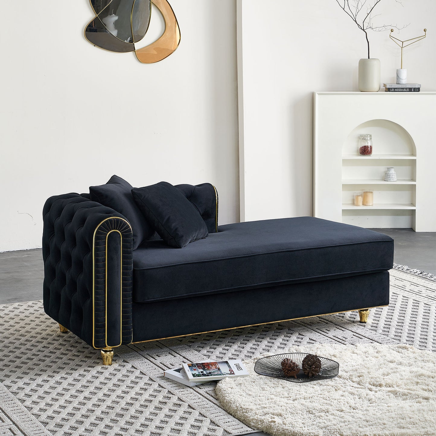 67" W Velvet Chaise Lounge - Black - detail view 3
