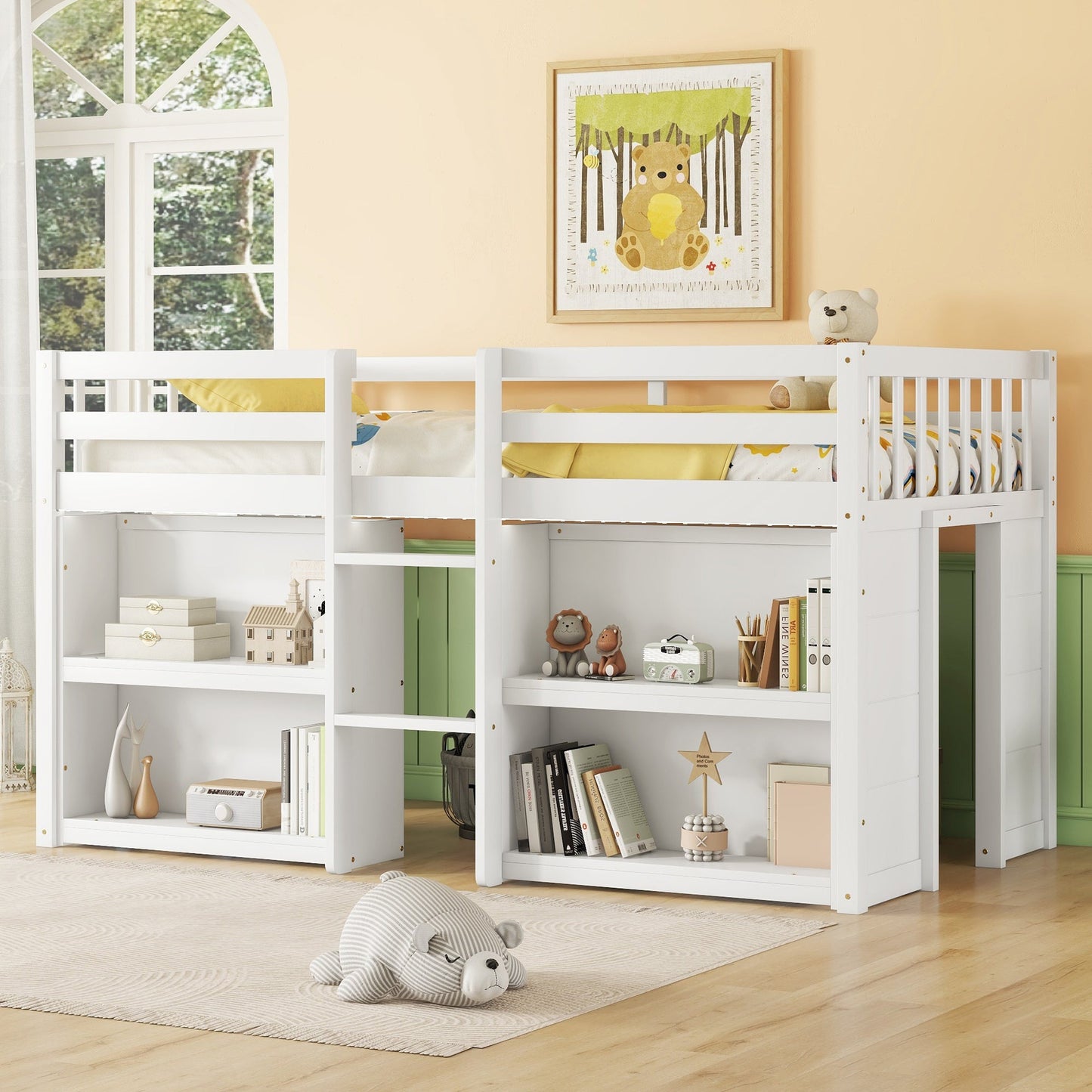 Delaney Twin Size Low Loft Bed With Two-Tier Shelves And LED Light, White