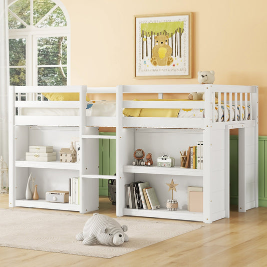 Delaney Twin Size Low Loft Bed With Two-Tier Shelves And LED Light, White