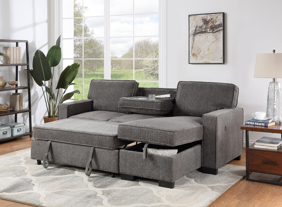 Estelle 86.5' Dark Gray Fabric Reversible Sleeper Sectional with Storage Chaise Drop-Down Table 2 Cup Holders and 2 USB Ports - primary color shot