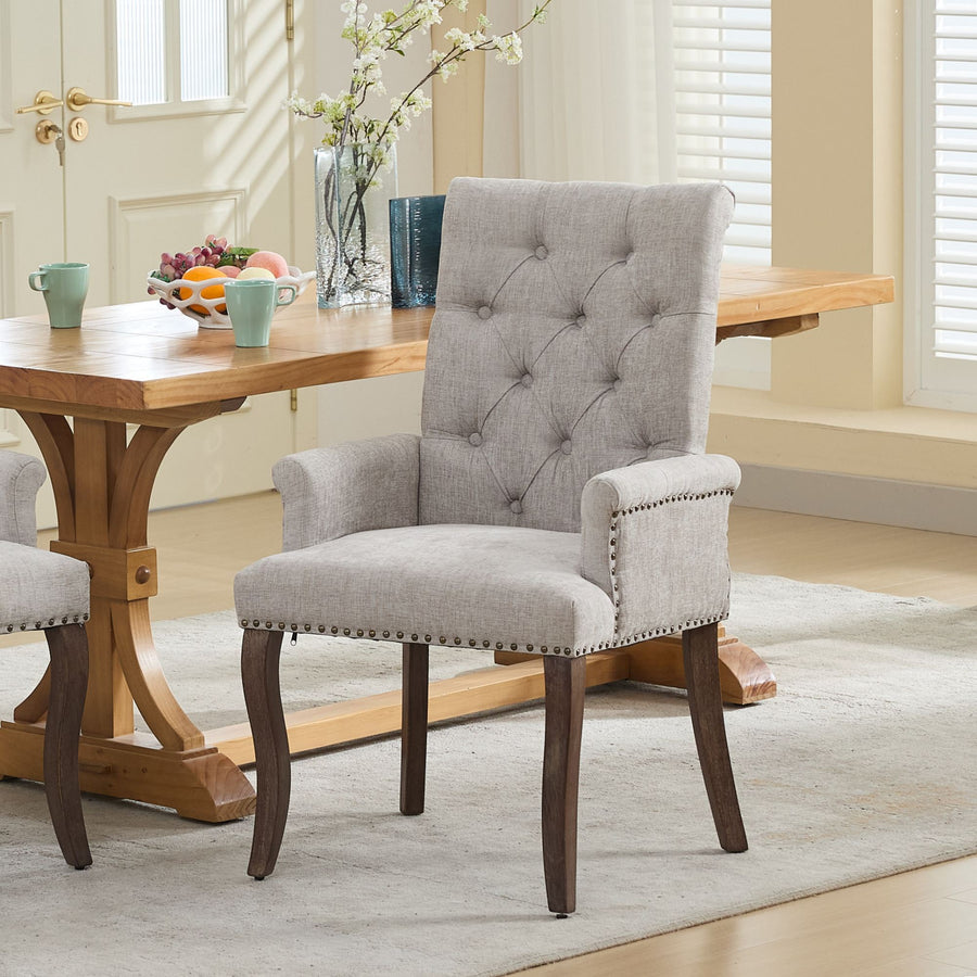 Beige Chenille Tufted Dining Chair with Wood Legs (1)