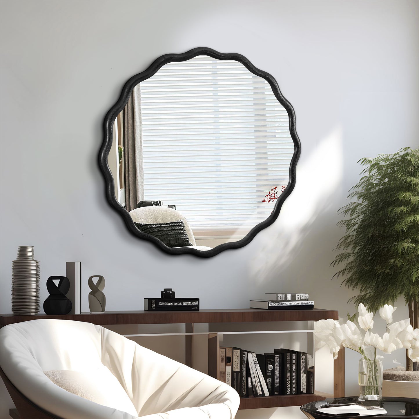 Black Wave Wood Wall Mirror