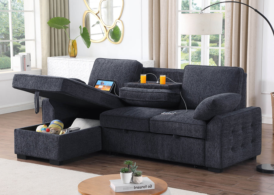 Mackenzie 91'W Charcoal Chenille Fabric Reversible Sleeper Sectional with Storage Chaise, Drop-Down Table, Cup Holders and Charging Ports - primary color shot