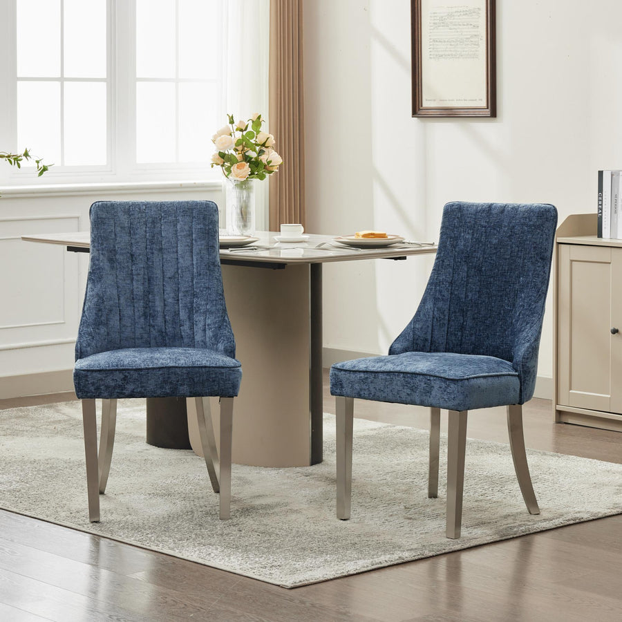 Blue Chenille Channel Dining Chairs with Brushed Silver Legs (Set of 2)