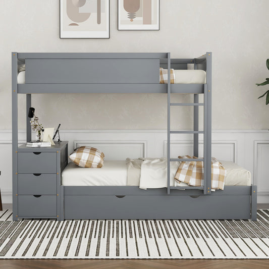 Stewart Full-Over-Full Bunk Bed with Twin size Trundle, Storage and Desk, Gray