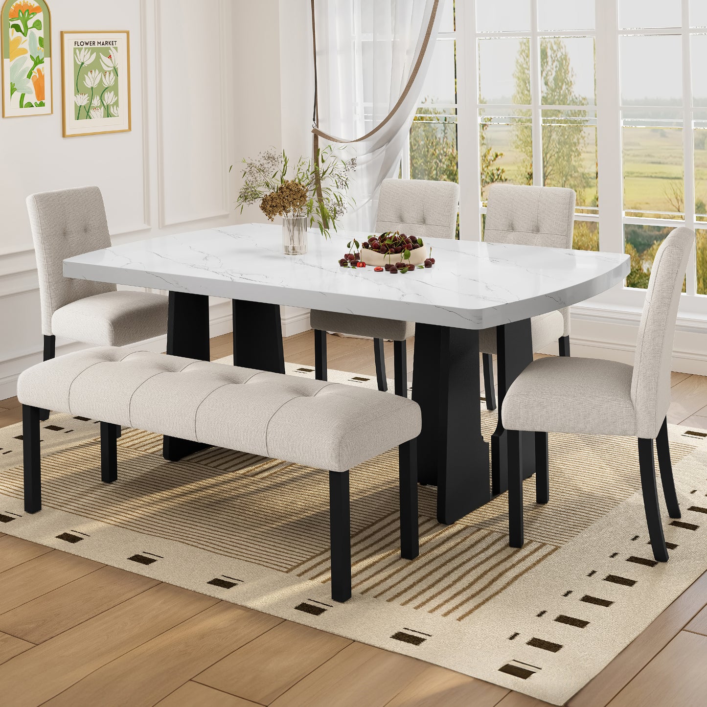6 Piece Modern Dining Table Set - Beige - White - detail view 2