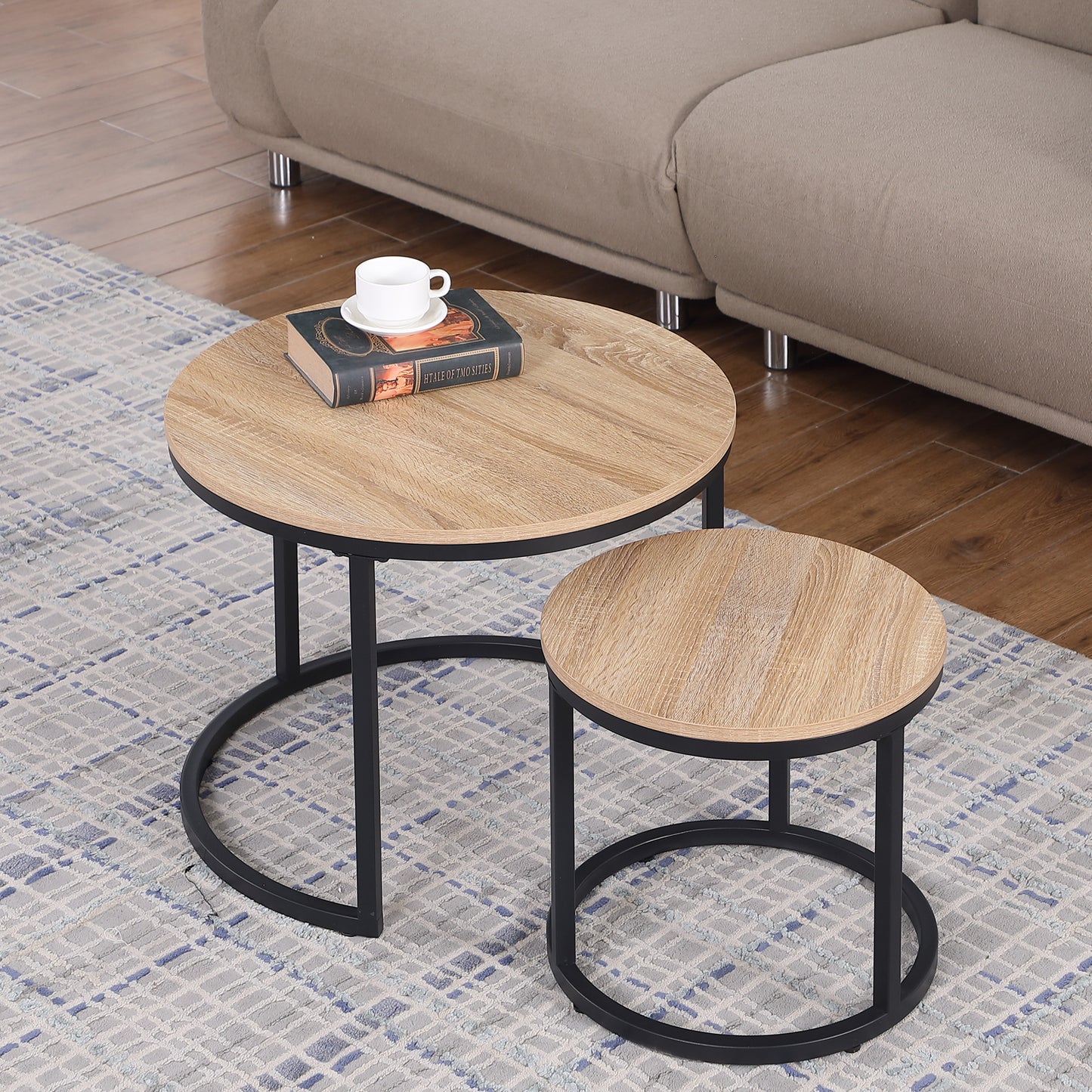 Oak Wood+metal Steel Frame Nesting Tables with Wood Legs - detail view 6