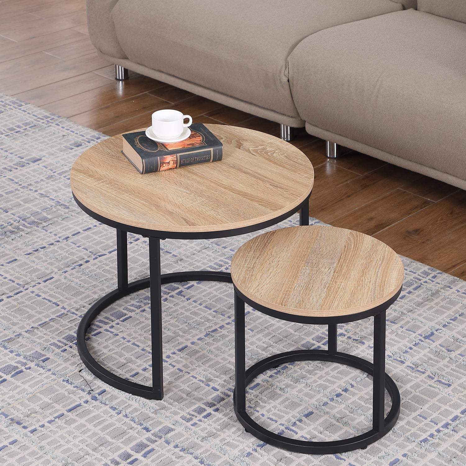 Oak Wood+metal Steel Frame Nesting Tables with Wood Legs - detail view 6