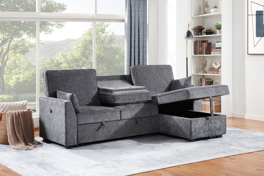 Emmy 89'W Dark Gray Fabric Sleeper Sectional Sofa with Reversible Storage Chaise, USB & USB-C Charging Ports, Cupholders, Pillows - primary color shot