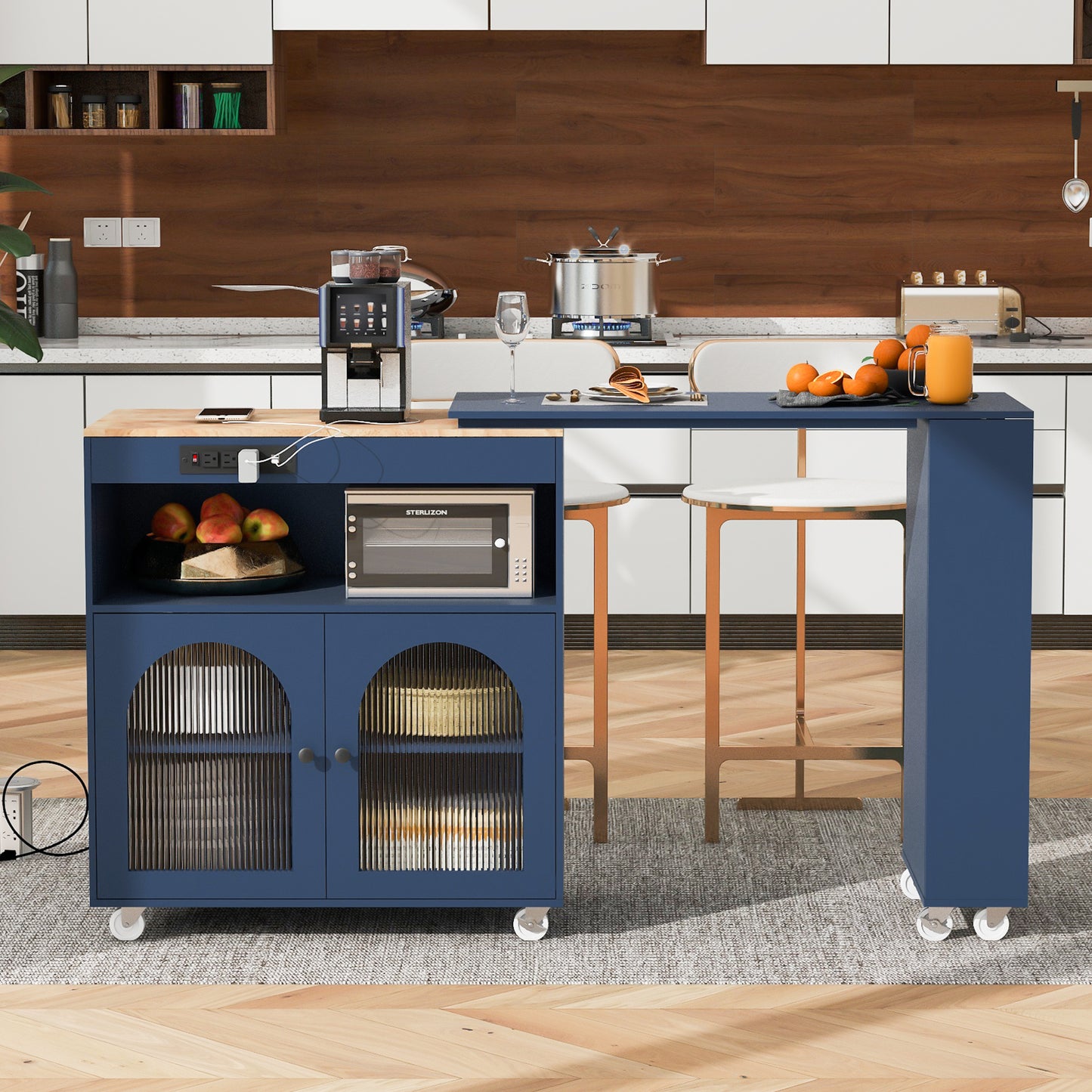 K&k Rolling Kitchen Island with Extended Table - Navy & Blue - primary color shot