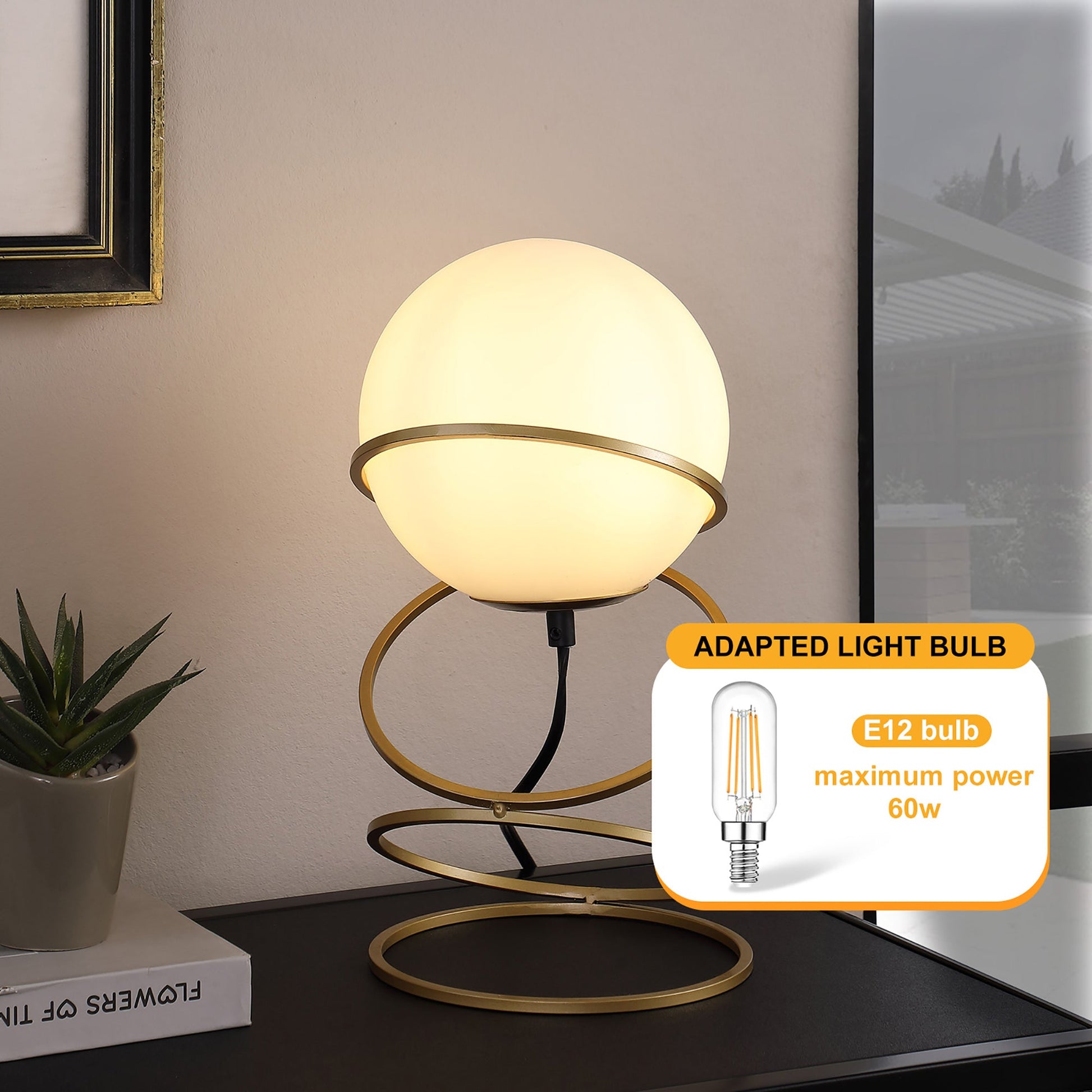 13.5' H Glass Globe Matte Gold Spiral 4 Ring Metal Stand Table Lamp for Living Room, Nightstand Bedside Table Lamp for Bedroom, LED Lamp