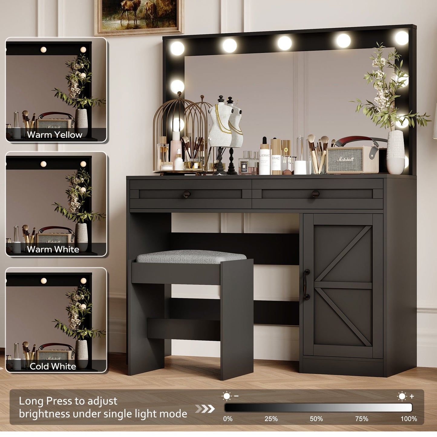 Delphine Modern Vanity Set with Stool, Gray