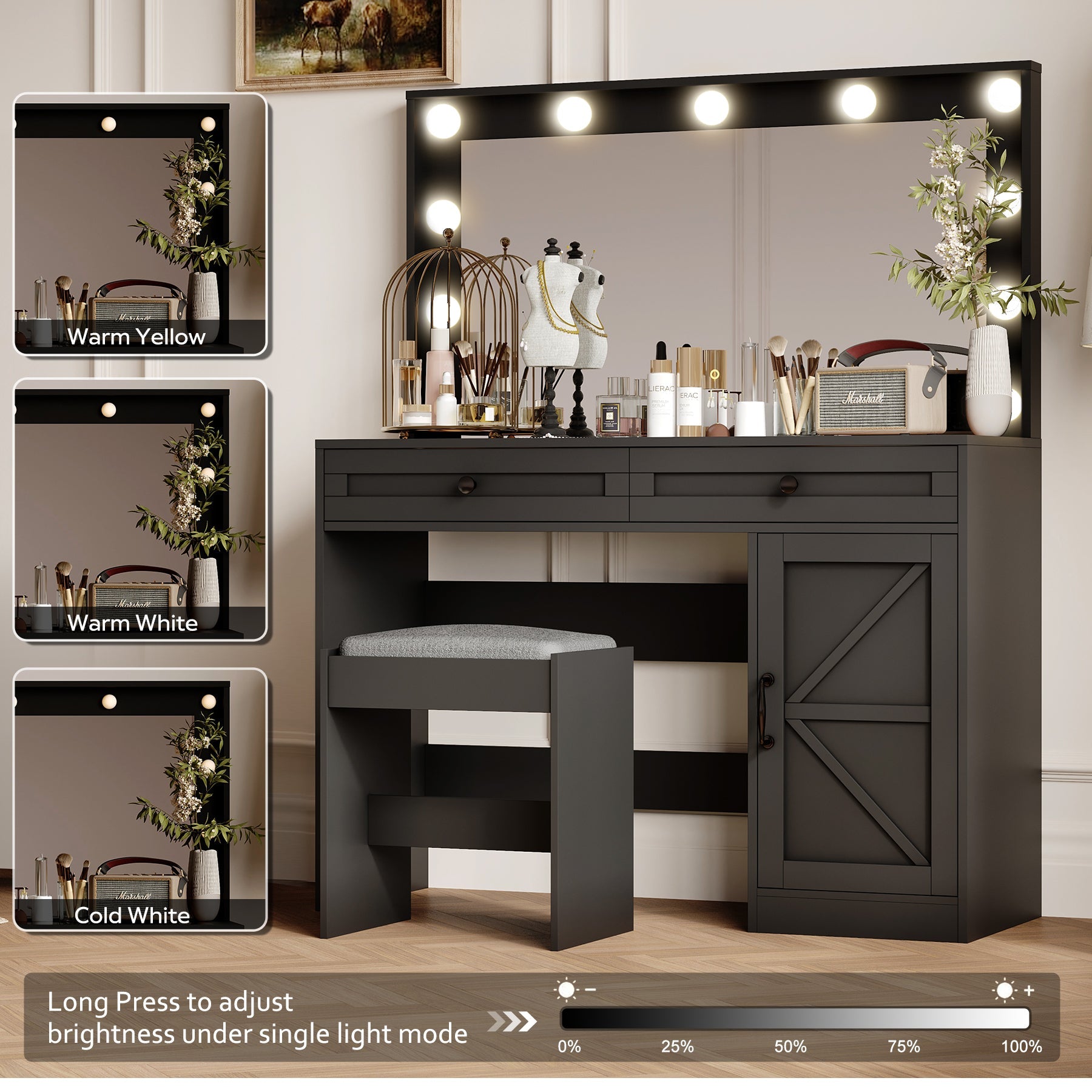 Delphine Modern Vanity Set with Stool, Gray