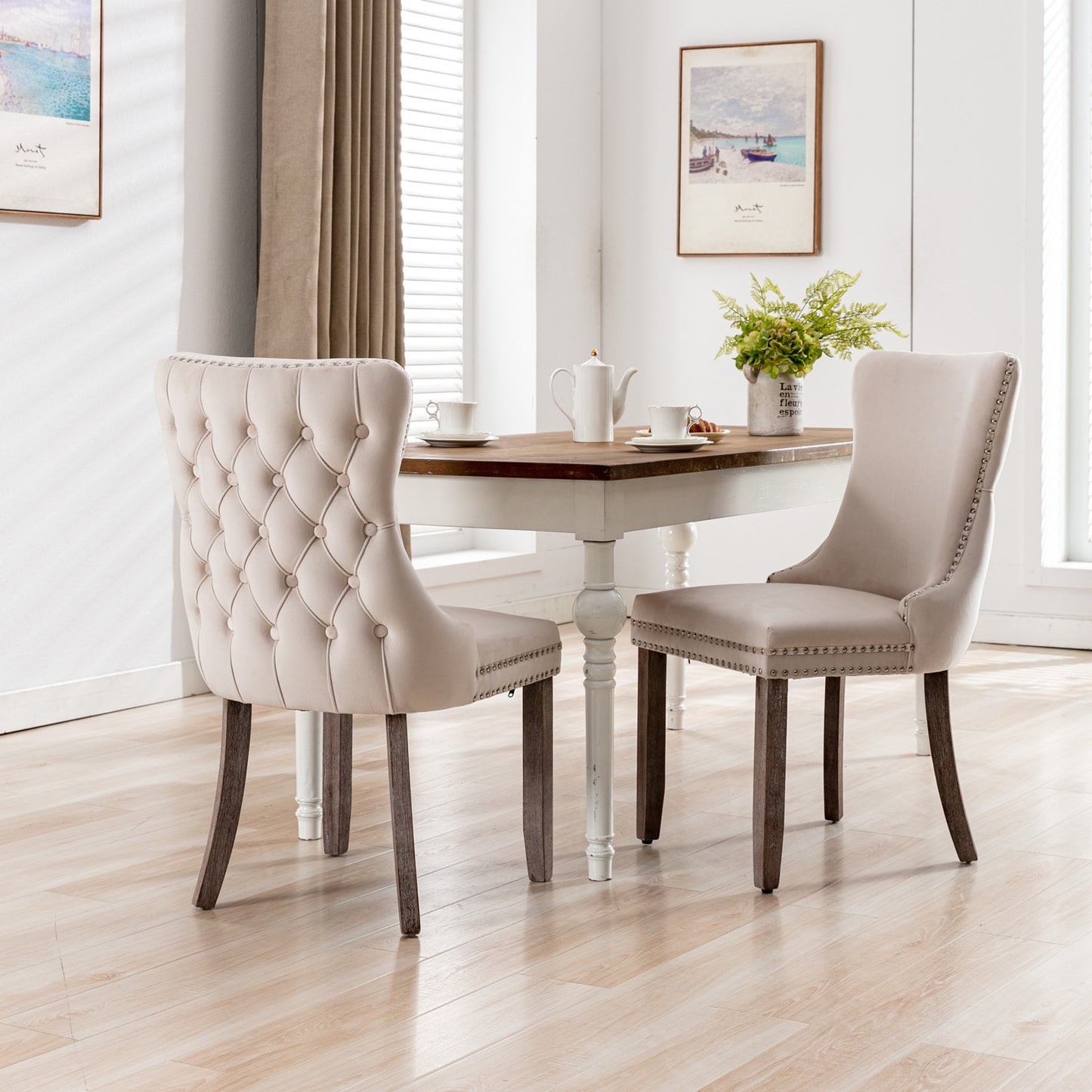Beige Velvet Nailhead Trim Dining Chairs with Wood Legs (Set of 2)