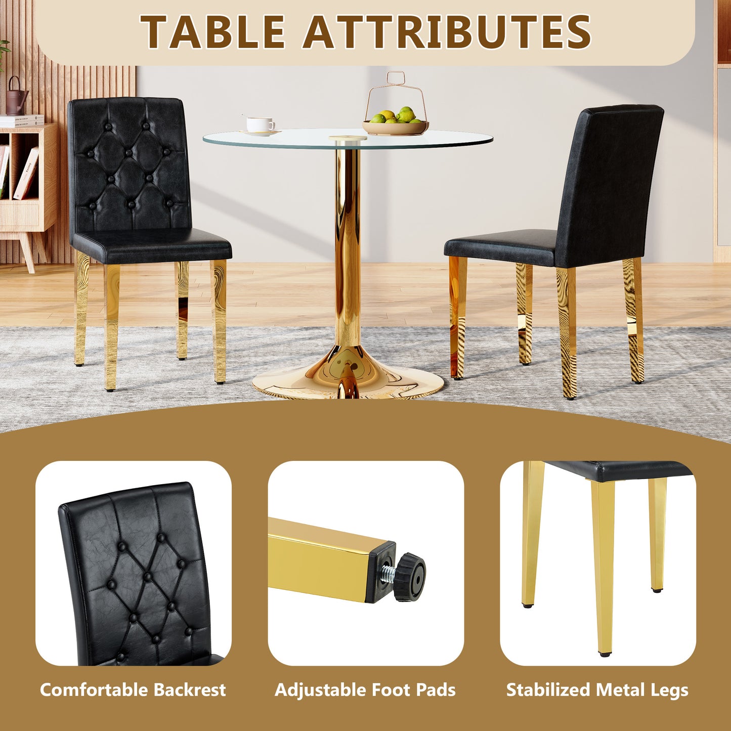 Black Upholstered Fabric Dining Chairs with Gold Legs (set of 2) - detail view 7