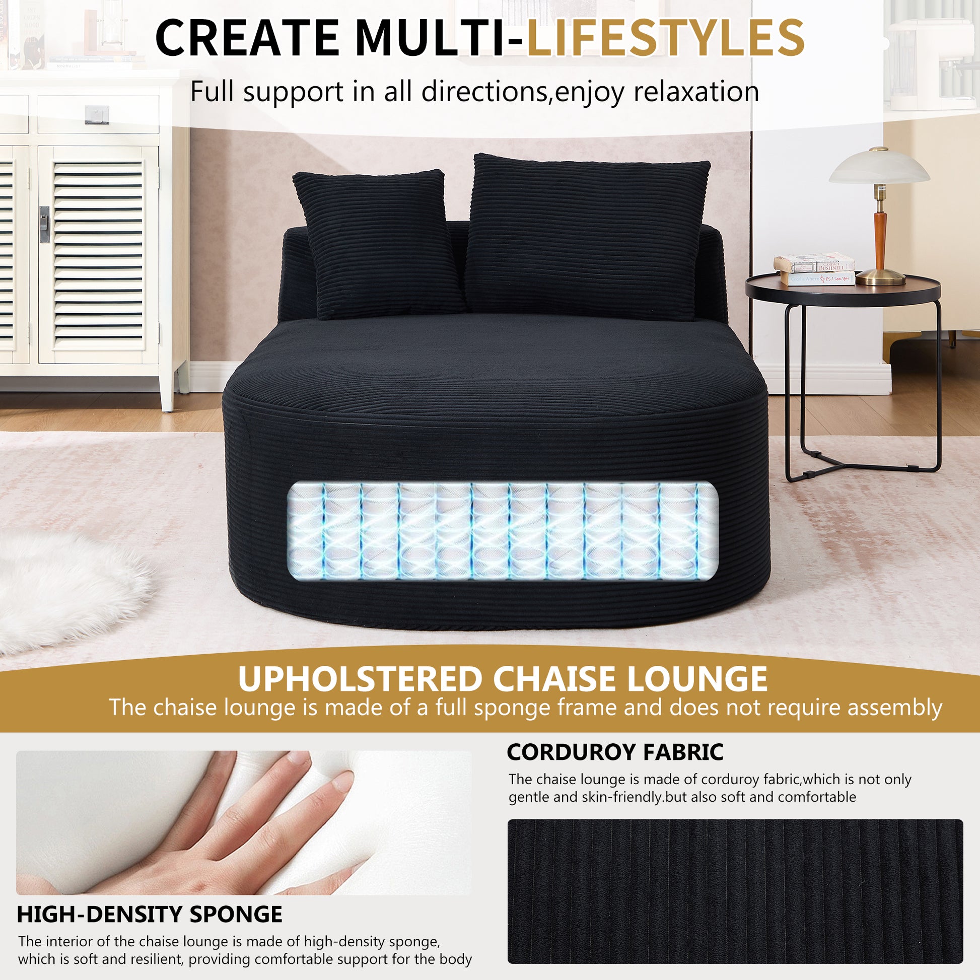 68" Chaise Lounge Chair 46'' Wide Seat Indoor Corduroy Oversized Sleeper Sofa - Black - detail view 5