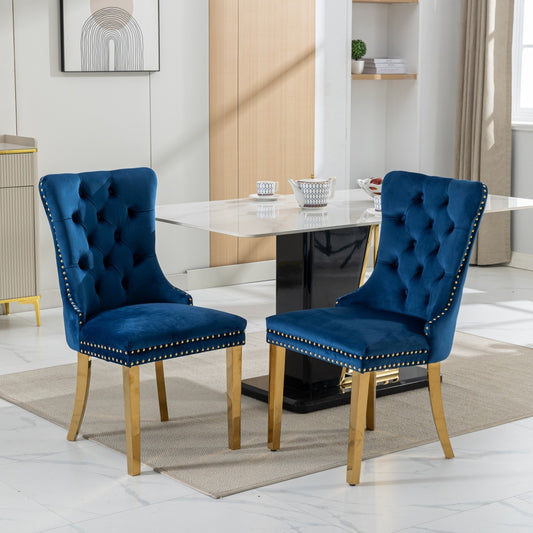 Niki Modern Velvet Side Chair with Nailhead Trim & Gold Leg Set of 2 Blue