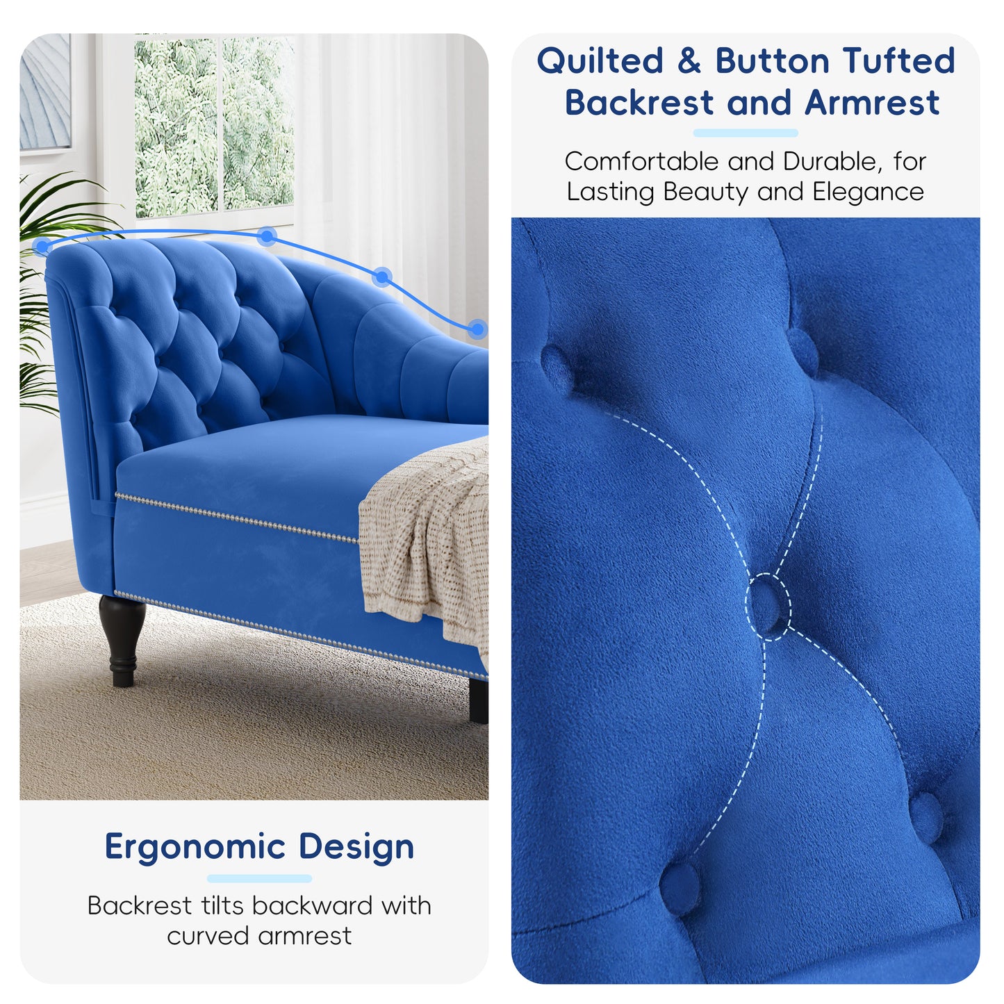 58" Velvet Chaise Lounge - Blue - detail view 5