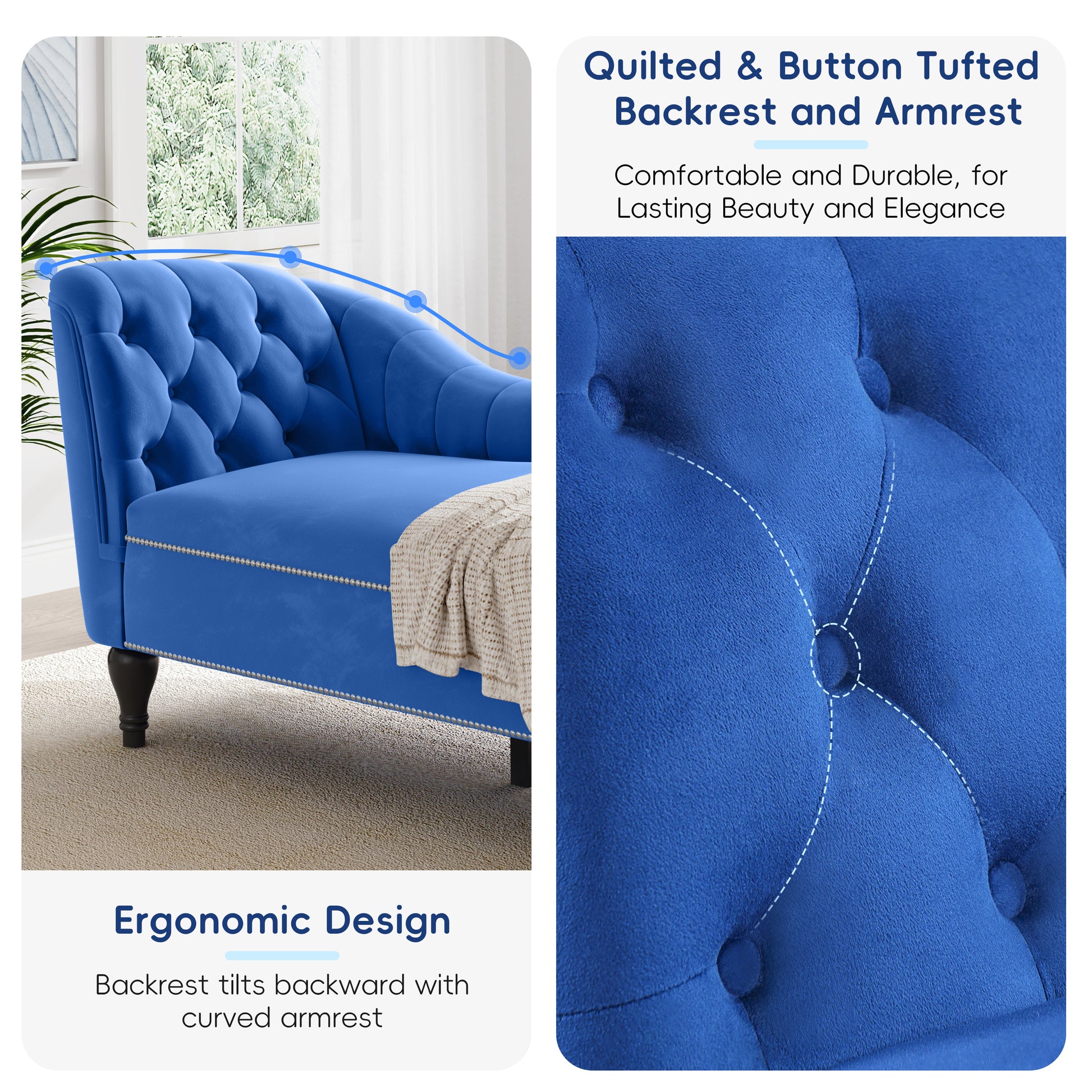 58" Velvet Chaise Lounge - Blue - detail view 5