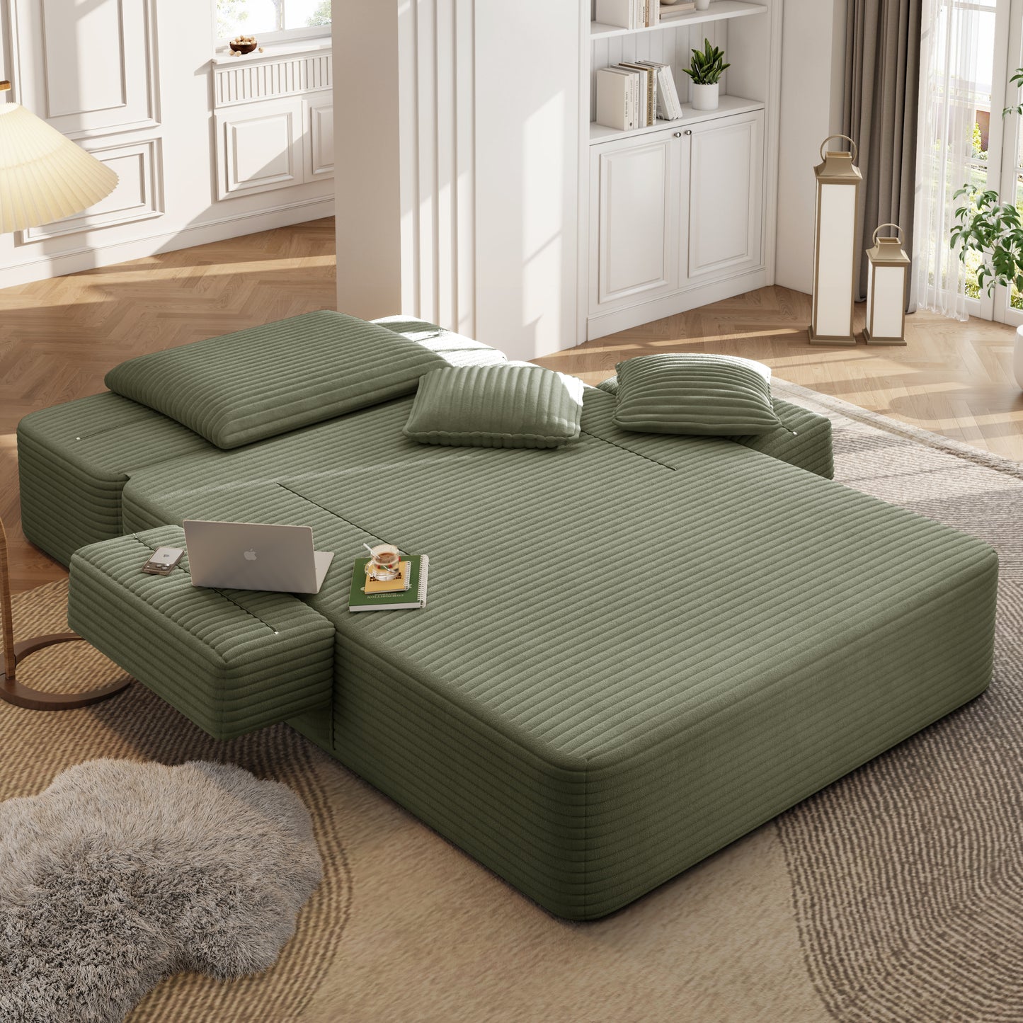Luxurious Plush Corduroy Chaise Lounge with 3 Pillows - Green - detail view 8