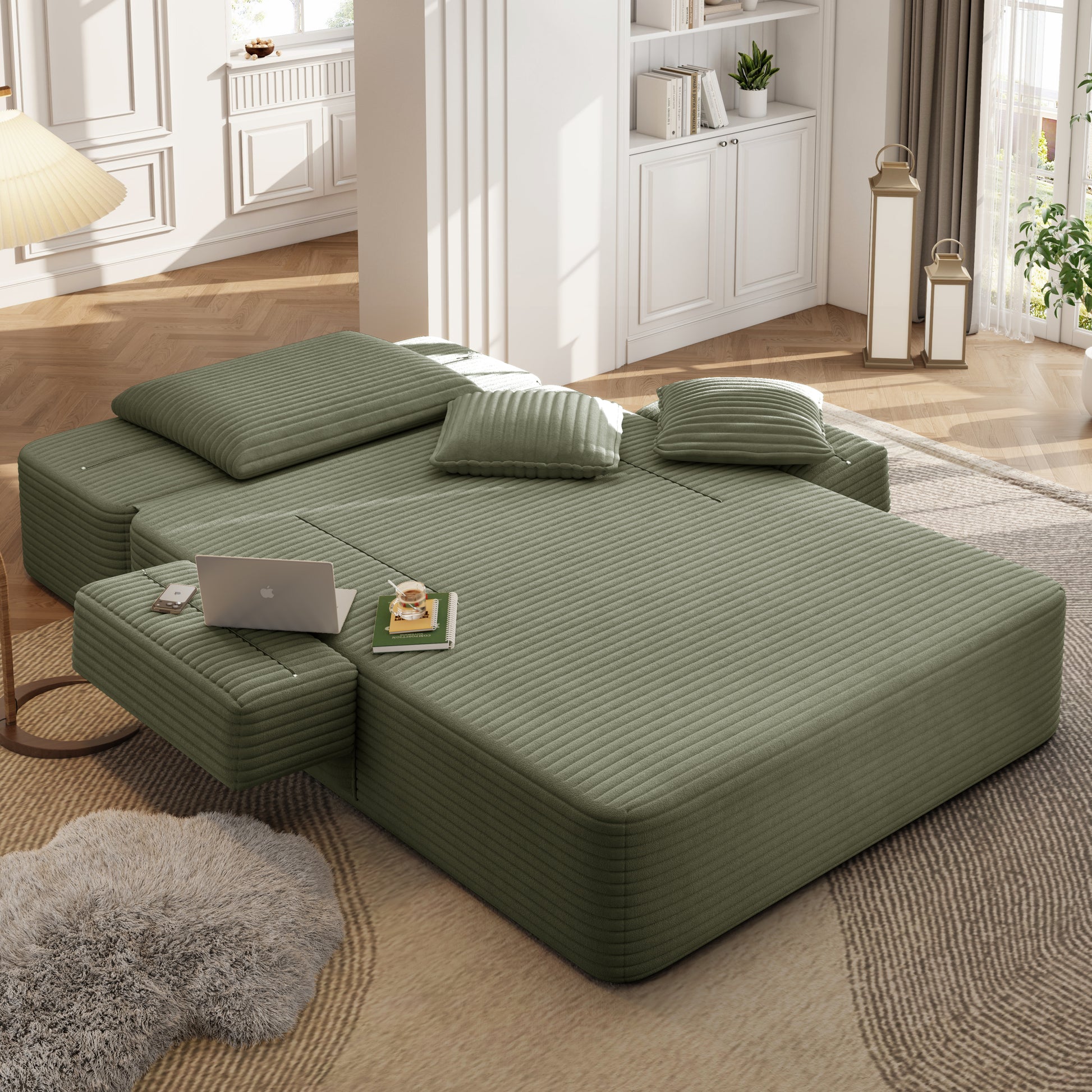Luxurious Plush Corduroy Chaise Lounge with 3 Pillows - Green - detail view 8