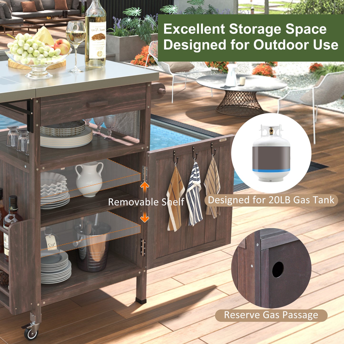 K&k 40.5' Outdoor Grill Cart with Stainless Steel Top - Brown - detail view 4